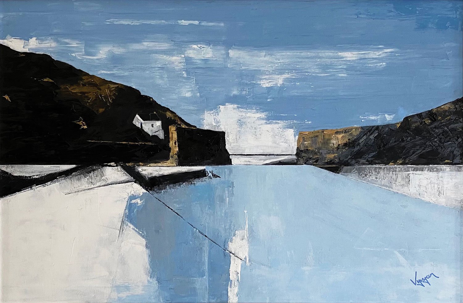 An abstract landscape painting of a river between dark hills on either side, with a bridge in the background and a cloudy blue sky above in pembrokeshire