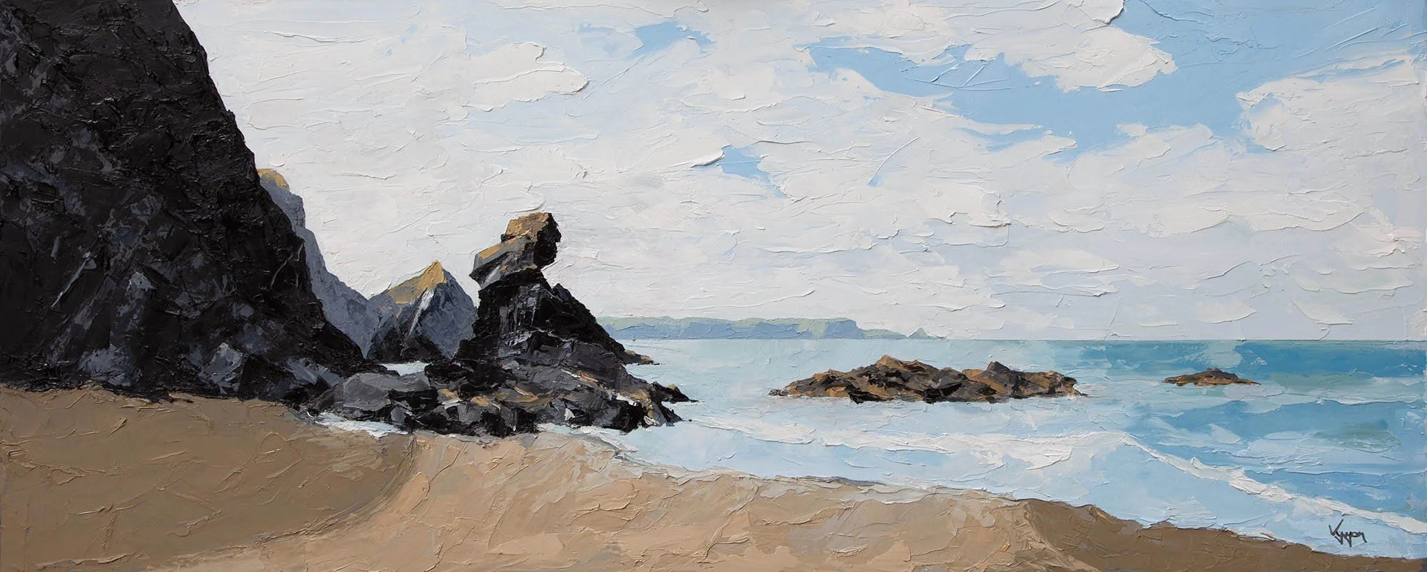 Oil painting of a rocky coastal landscape with black cliffs on the left, sandy beach in the foreground, and the ocean with small rocks extending into the water on the right, under a partly cloudy sky in wales