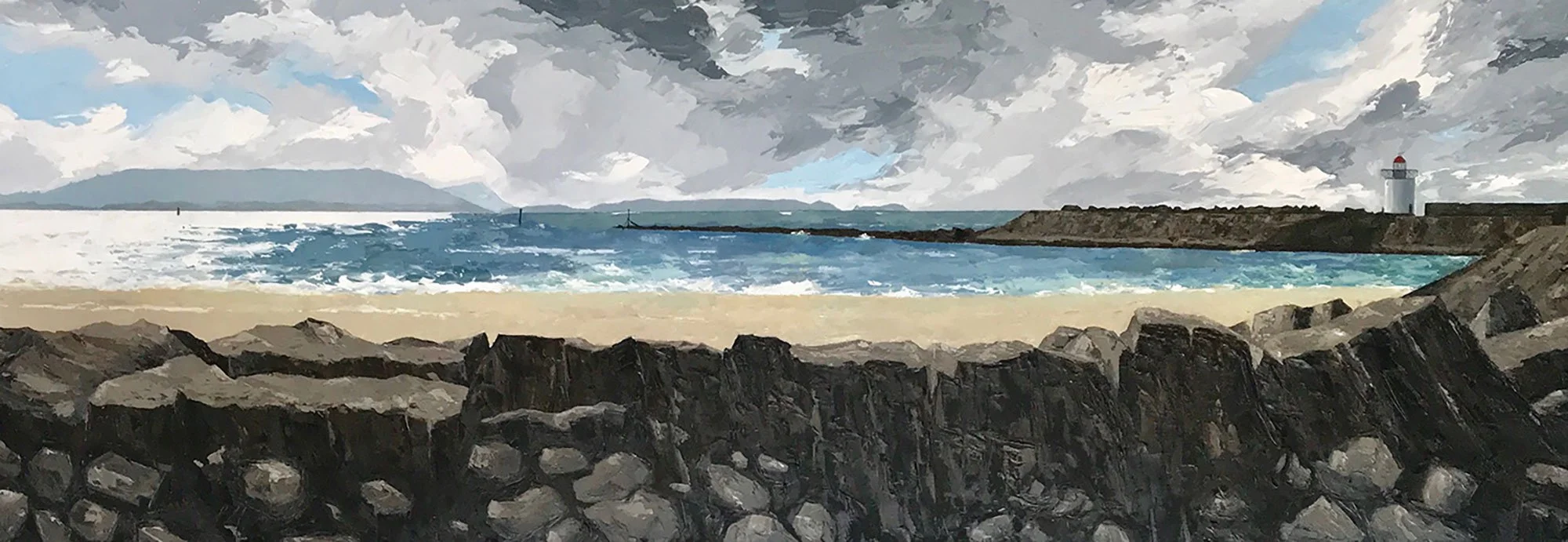 Painting of a coastal scene with a rocky shoreline, sandy beach, blue ocean waves, a distant mountain, and a lighthouse on a rocky promontory.