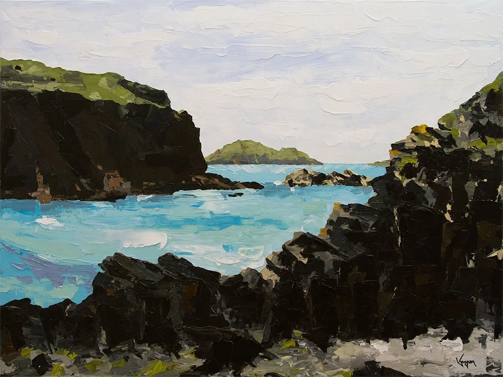 Painting of a coastal scene with dark rocky cliffs on either side, blue ocean water in the center, and a small green island in the distance under a cloudy sky in solva wales