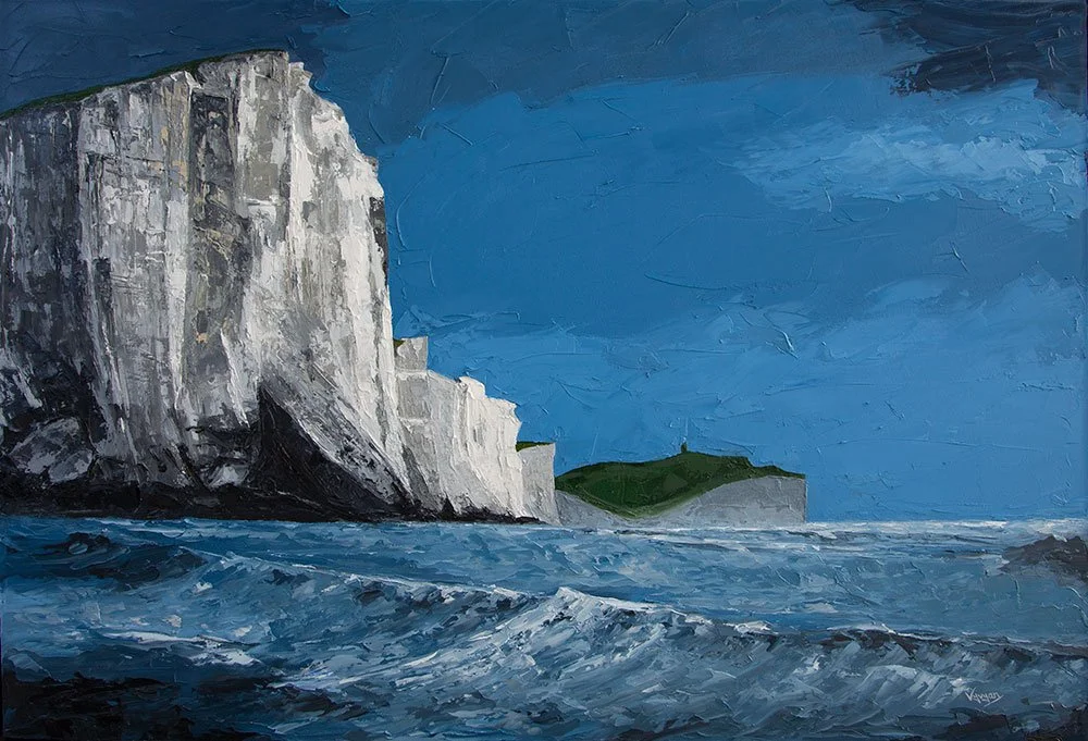 Oil painting of white chalk cliffs on a coastline with a green grassy hill, with the sea in the foreground and a blue sky above.