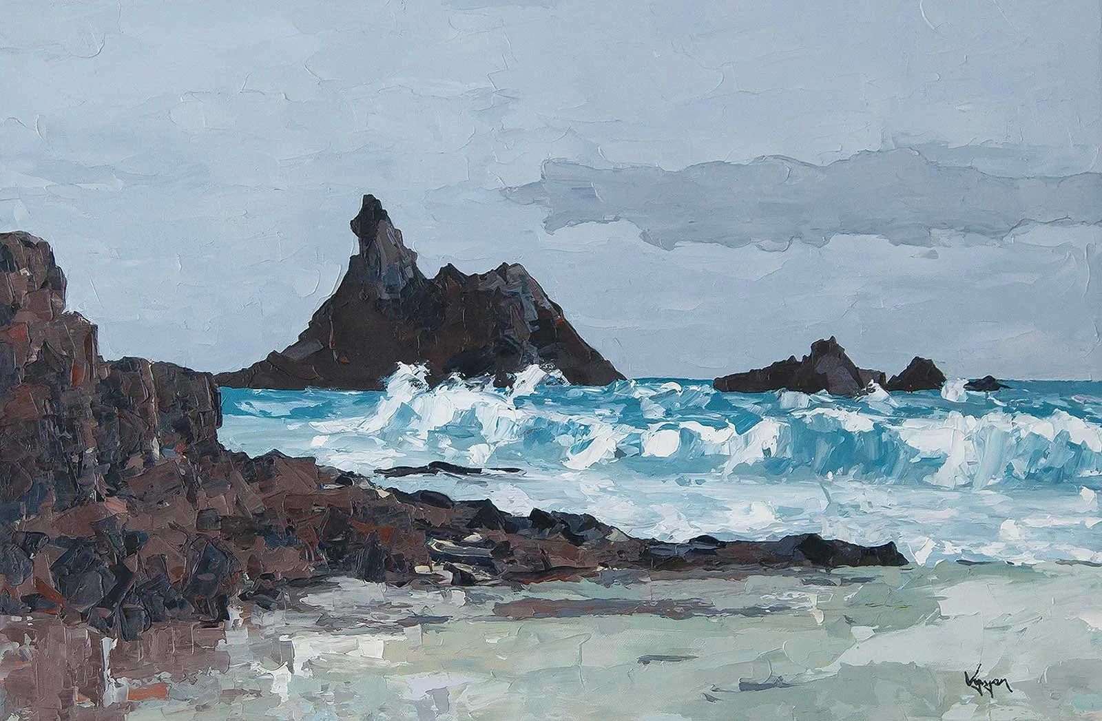 A painted seascape featuring rocky cliffs on the left, crashing waves in the foreground, and dark rocky islands and a large sea stack in the background under a cloudy sky. Pembrokeshire