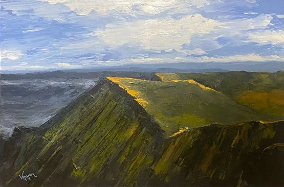 Painting of green cliffs under a blue sky with clouds. Pen Y Fan, Brecon Beacons