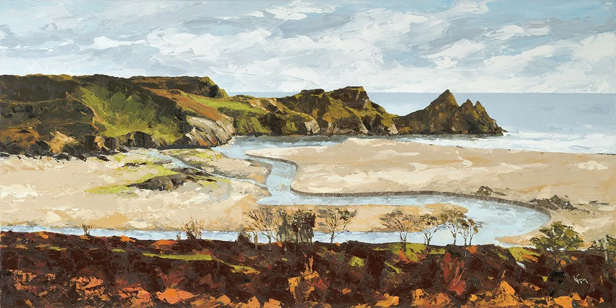 Landscape painting of a coastal scene with cliffs, a sandy beach, a river winding through the beach, and rocky formations in the background under a cloudy sky.