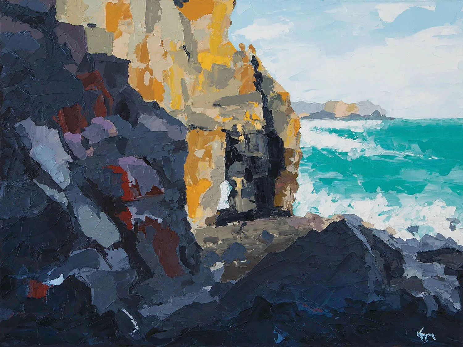 Colorful painting of a coastal scene with rocky cliffs on the left, ocean waves on the right, and a cloudy sky in the background in pembrokeshire