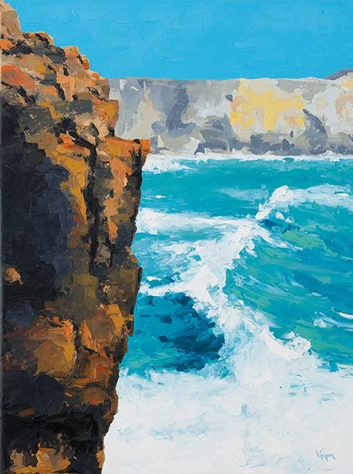 Painting of a rocky cliff on the left with crashing ocean waves and white cliffs in the background under a blue sky.