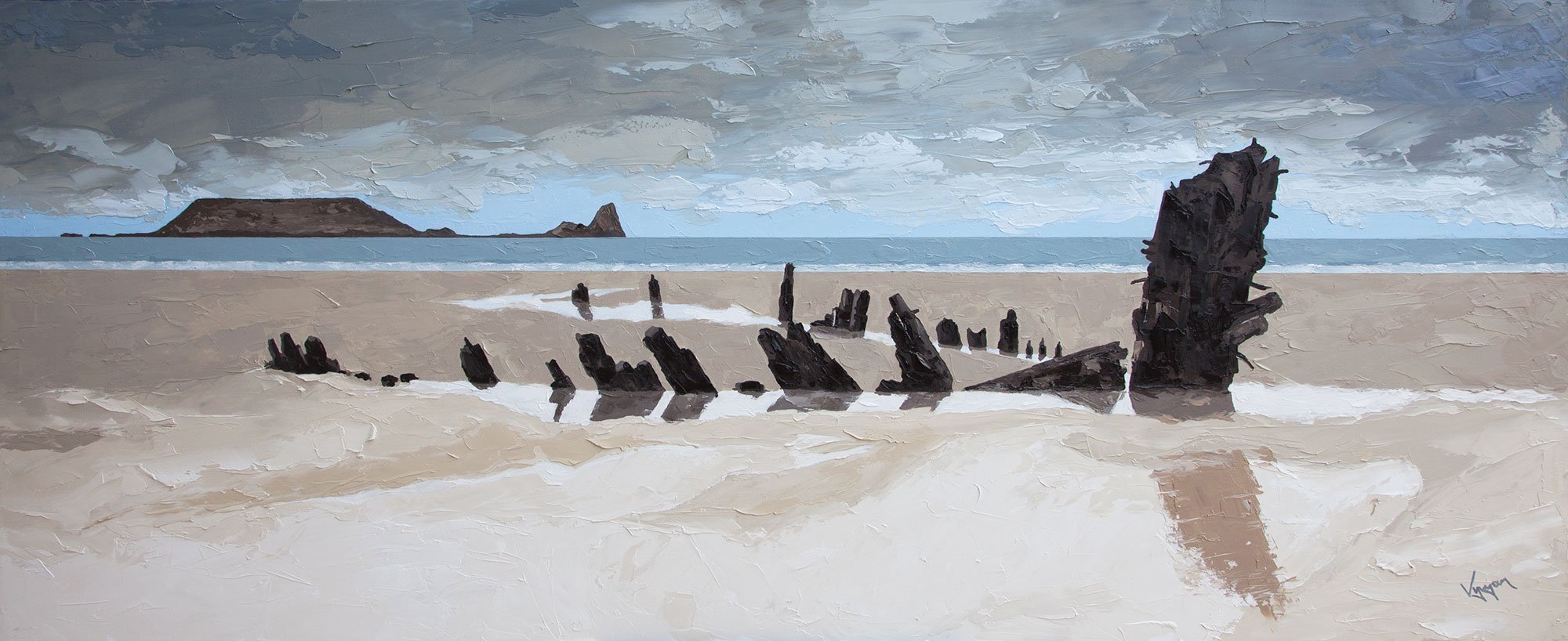 Painting of a beach with a wreckage of an old ship's remains, including large blackened wooden beams, on sandy shore. In the background, the ocean with a distant island and cloudy skies overhead. Gower coast wales