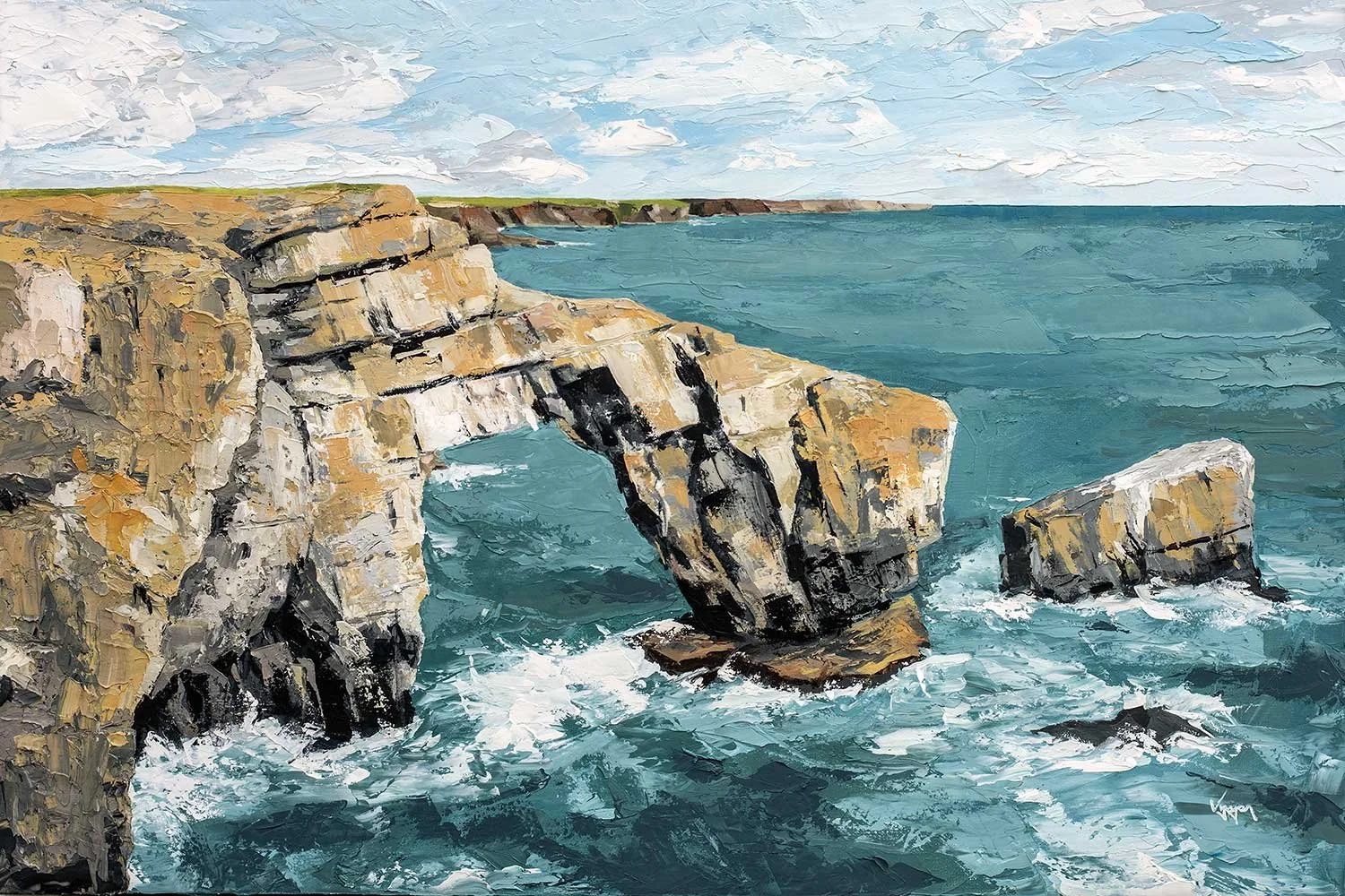 An oil painting of a coastal scene with rocky cliffs and a natural arch formation over the ocean, under a cloudy sky in pembrokeshire.