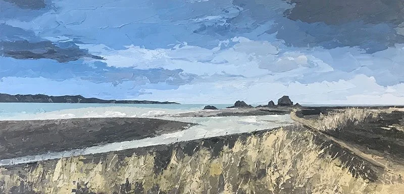 A painted landscape of a coastal scene with rocky shoreline, cloudy sky, and distant coast