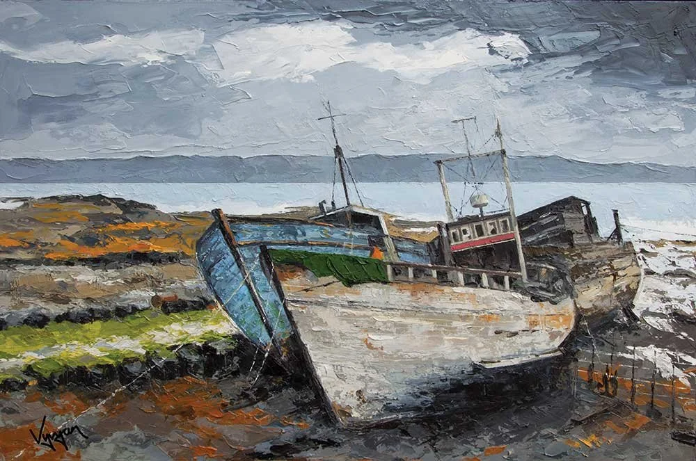 Oil painting of a shipwreck with two abandoned ships on a rocky coastline under a cloudy sky.