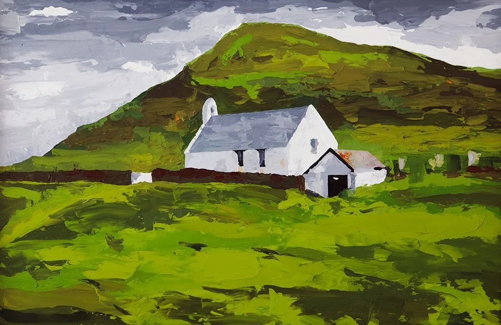 Painted landscape of a white church with a gray roof and a small attached building, surrounded by lush green fields and a large green hill in the background, under a cloudy sky in pembrokeshire