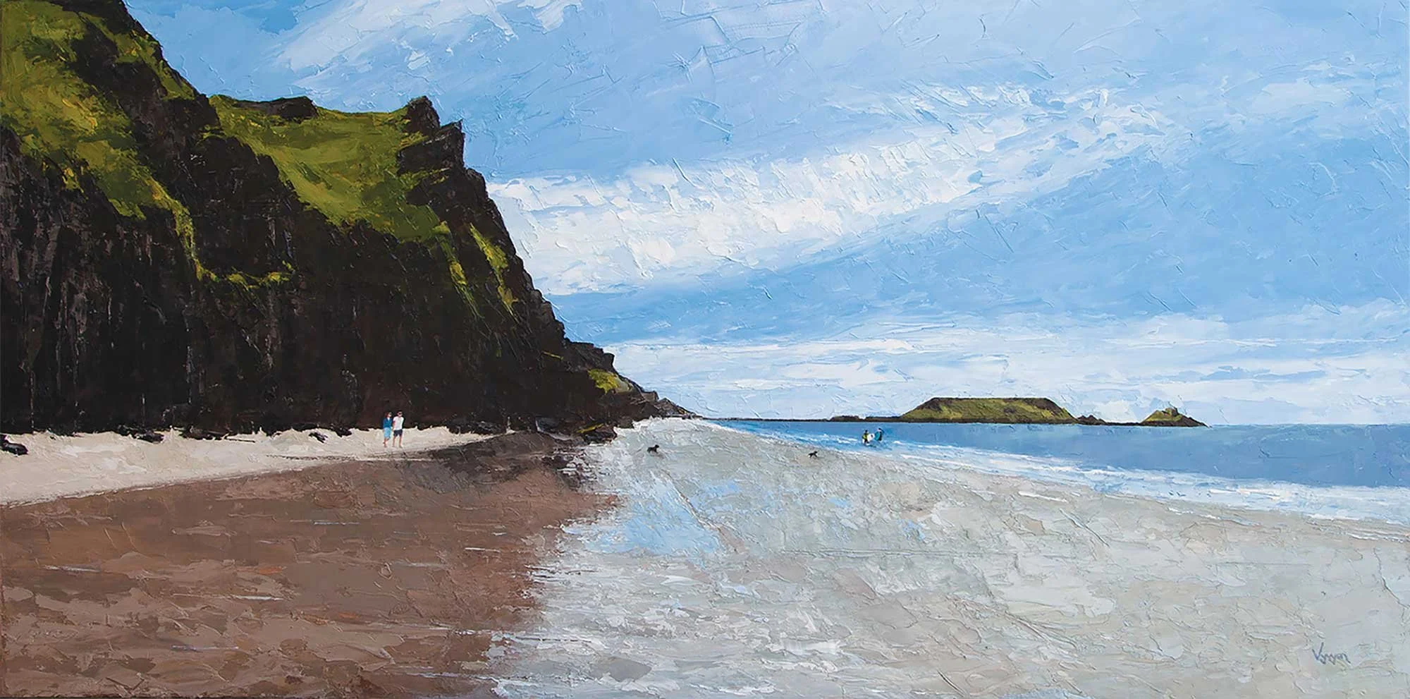 A painted scene of a beach with a towering green and black cliff on the left, a sandy shore, and a blue ocean with small islands in the distance. A few people are seen walking along the beach, and some are in the water with dogs. Rhossili Bay, Gower