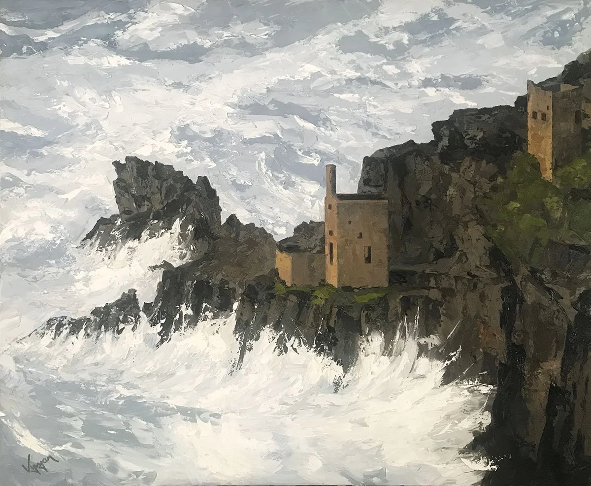Painting of a rocky coastline with waves crashing against the rocks and old buildings perched on the cliffs in cornwall