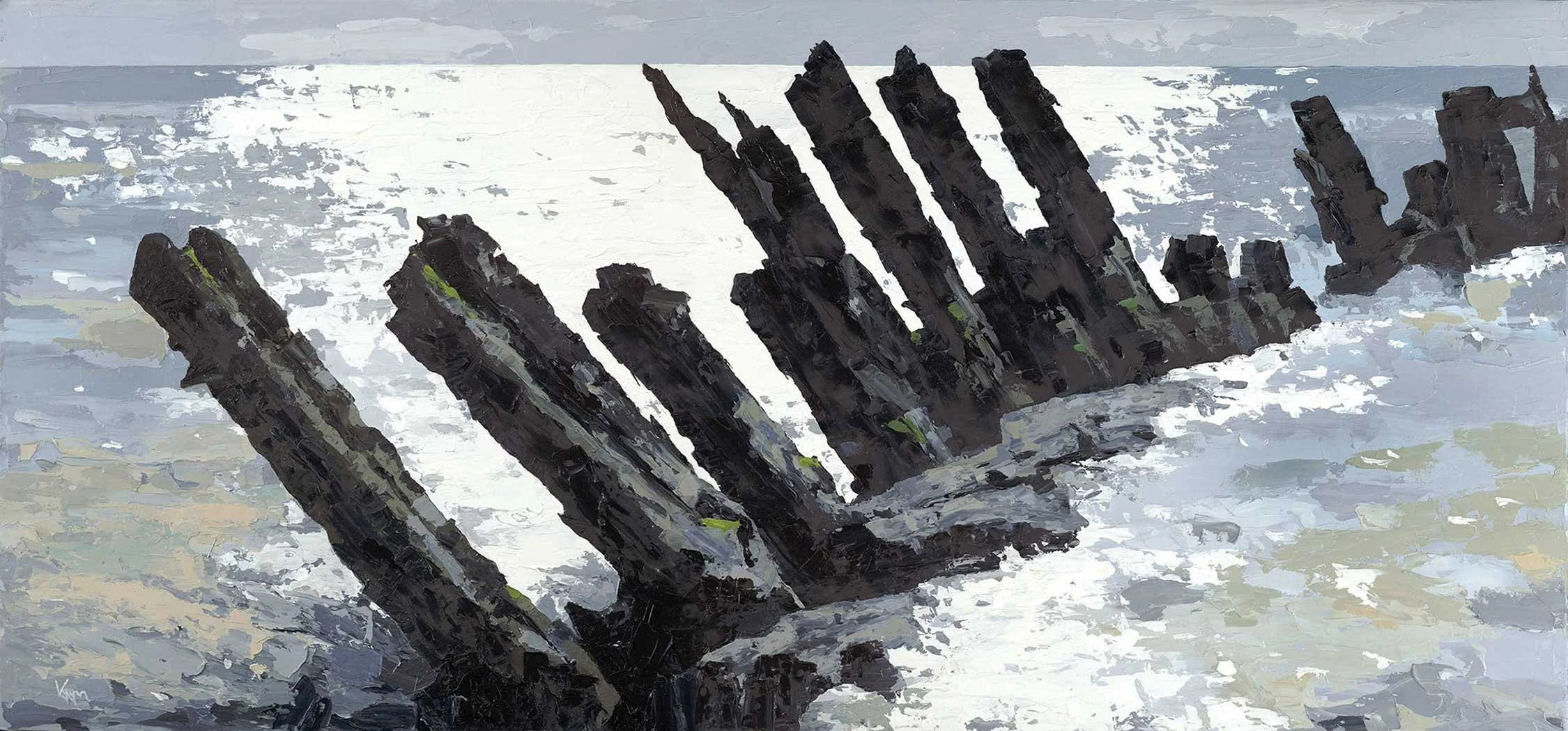 Abstract painting of a partially submerged wooden fence or logs, with an overcast sky in the background.