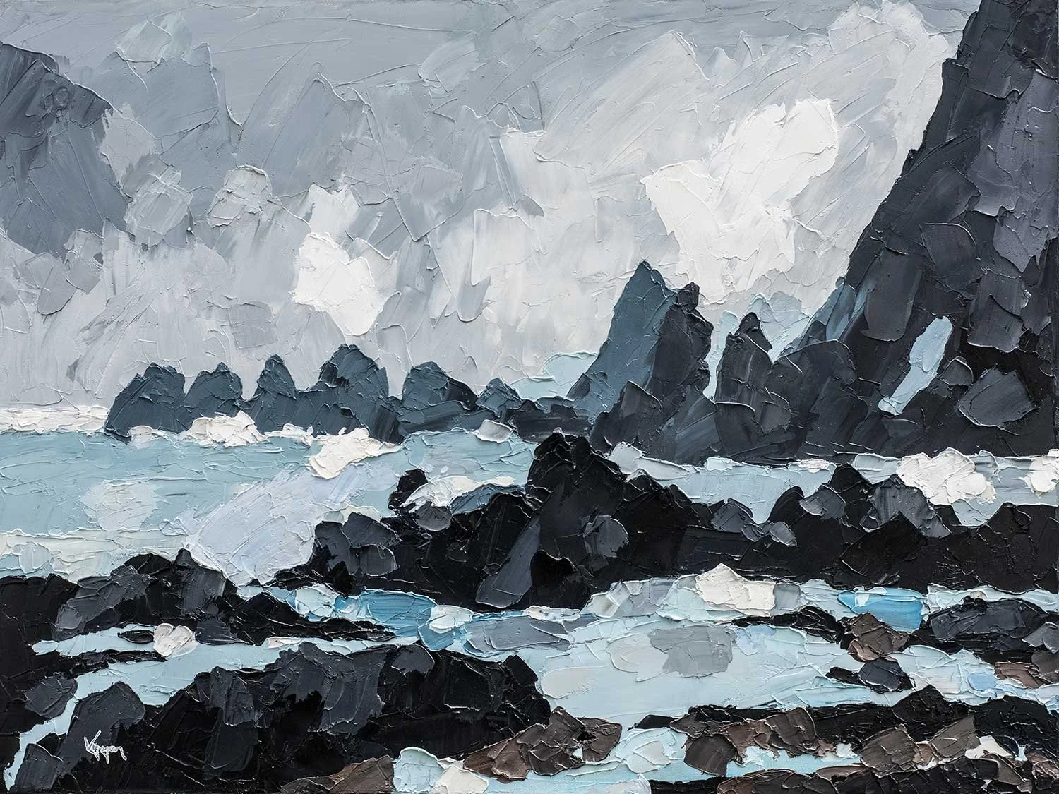 Oil painting of a seascape with dark rocks, a cloudy sky, and water in shades of blue, gray, and black in pembrokeshire.