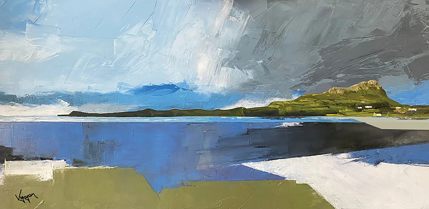 Abstract landscape painting of a coastal scene with sky, sea, green hills, and a distant mountain.