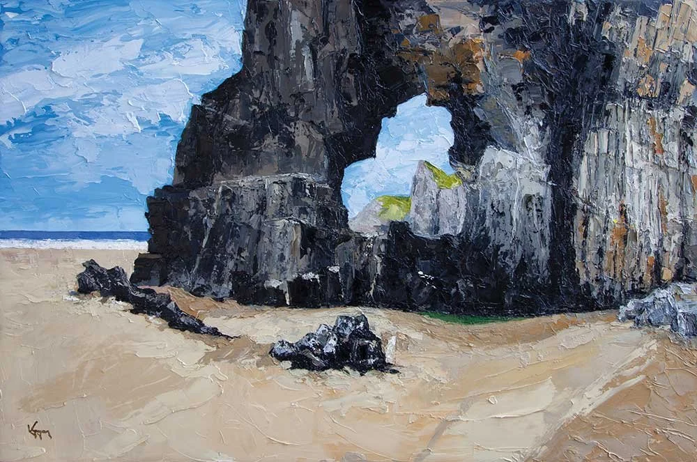 A painting of a natural rock arch formation on a sandy beach with a partly cloudy sky in the background. Lydsep Bay