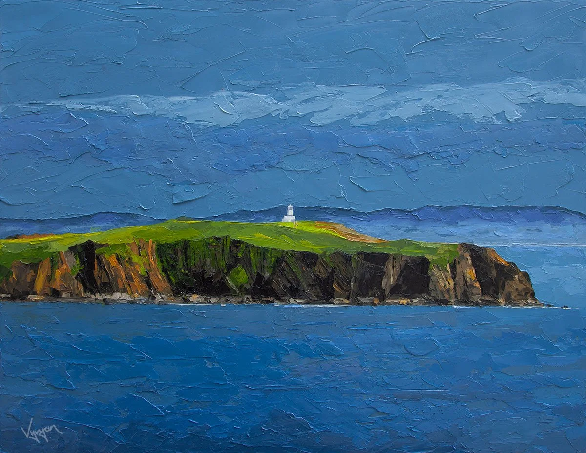 A textured painting of a cliffside with green grass, a lighthouse on top, and a blue ocean in the foreground, under a cloudy sky.