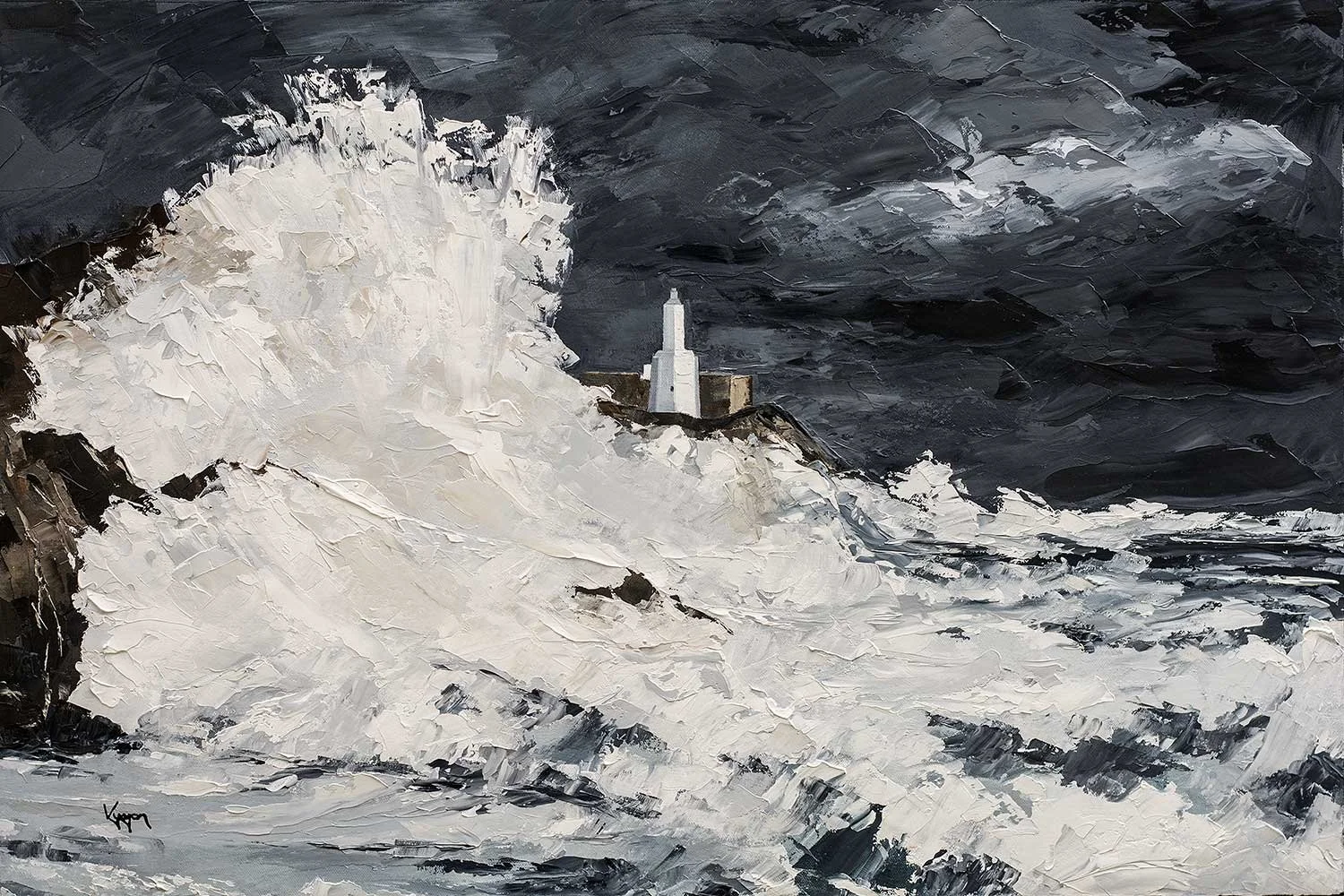 An impressionistic painting of a lighthouse on a cliff with crashing waves and dark stormy skies. mumbles, gower