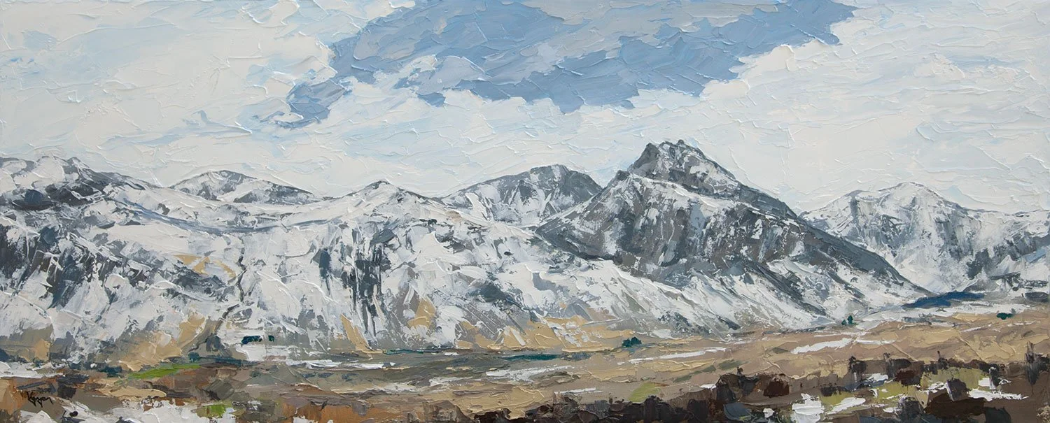 Oil painting of snow-capped mountains with a cloudy sky, grassy plains at the base.