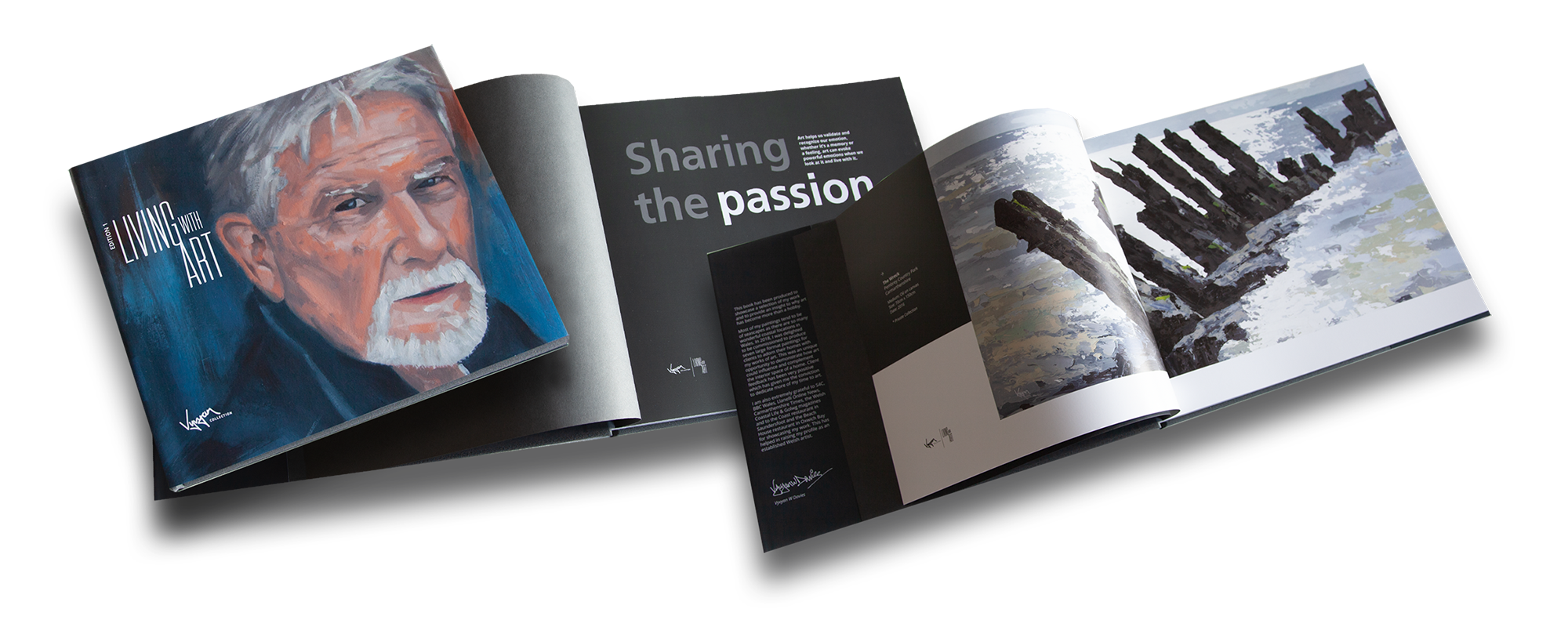 Open magazine featuring a painted portrait of an elderly man with white hair and beard on the cover, and pages showing an article titled "Sharing the passion" along with landscape photographs of wooden posts in the water.