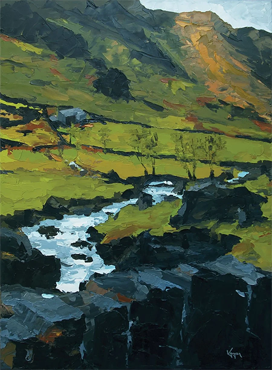 A landscape painting of a mountainous area with a river flowing through rocky terrain, grassy slopes, and a small house in the middle ground, with hills in the background. Eryri National Park