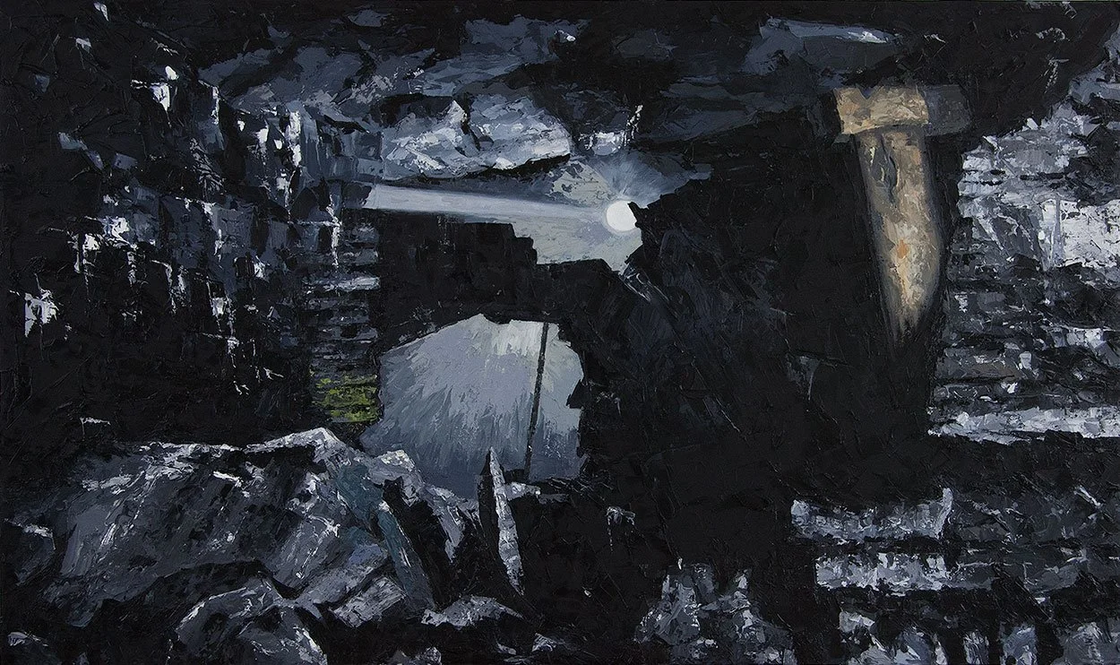 A dark, moonlit scene of a destroyed stone bridge with rubble and debris around, a broken column on the right, and a turbulent water body beneath.