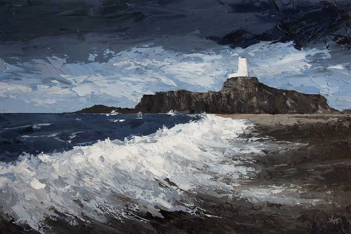Painting of a lighthouse on a rocky cliff with waves crashing against the shore under a cloudy sky. Llanddwyn island, Wales