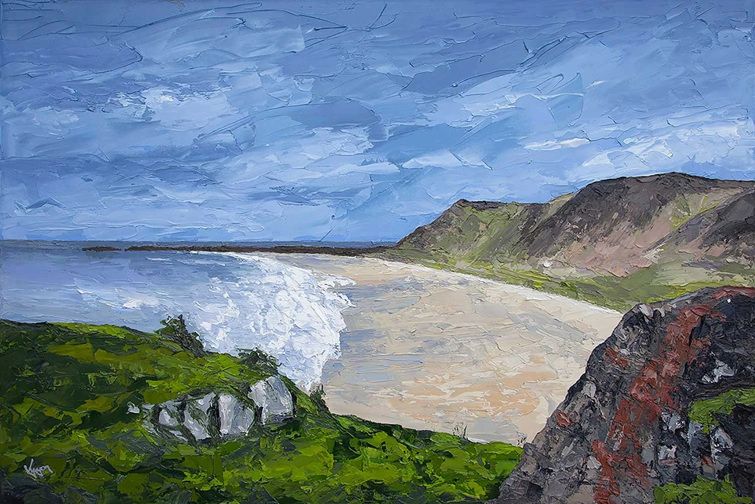 A landscape painting of a coastal scene with a sandy beach, ocean waves, green grass and rocks in the foreground, and cliffs in the background under a cloudy sky.