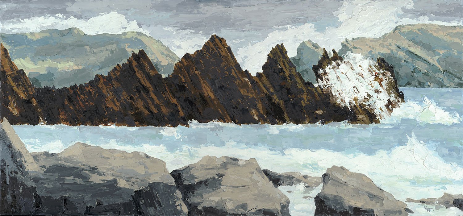 A digital painting of a rocky coastline with large rocks in the foreground, crashing ocean waves, and jagged cliffs in the distance under a cloudy sky.