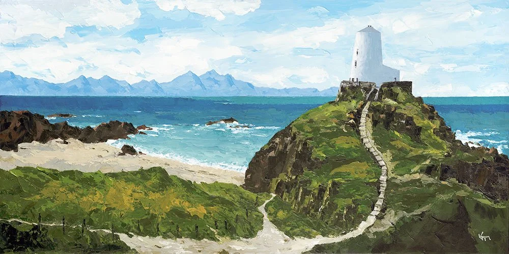 A painting of a lighthouse on a grassy hill overlooking the ocean, with a winding path leading up to it, and mountains in the background.