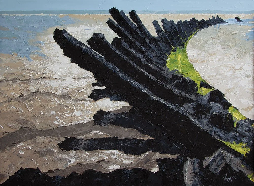 An oil painting depicting a pair of blackened, broken shipwrecked boats on a beach with a light blue sky and distant ocean in the background.