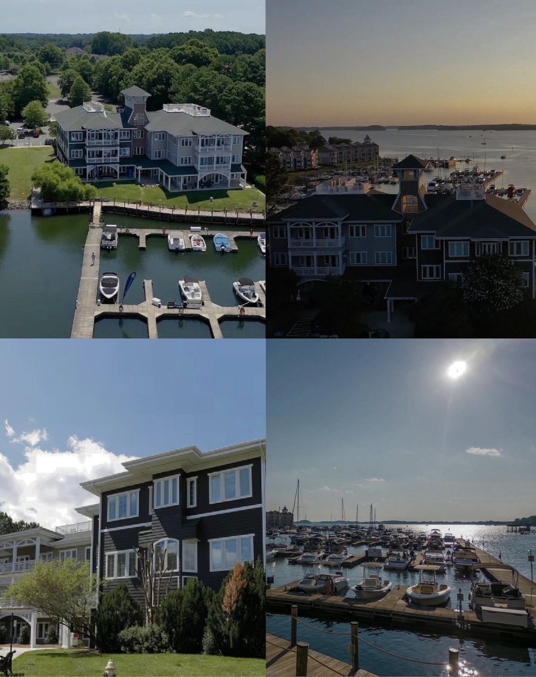 Collage of four photos showing waterfront homes and marinas on a lake or river, with boats docked and scenic views of the water and sky at different times of the day.