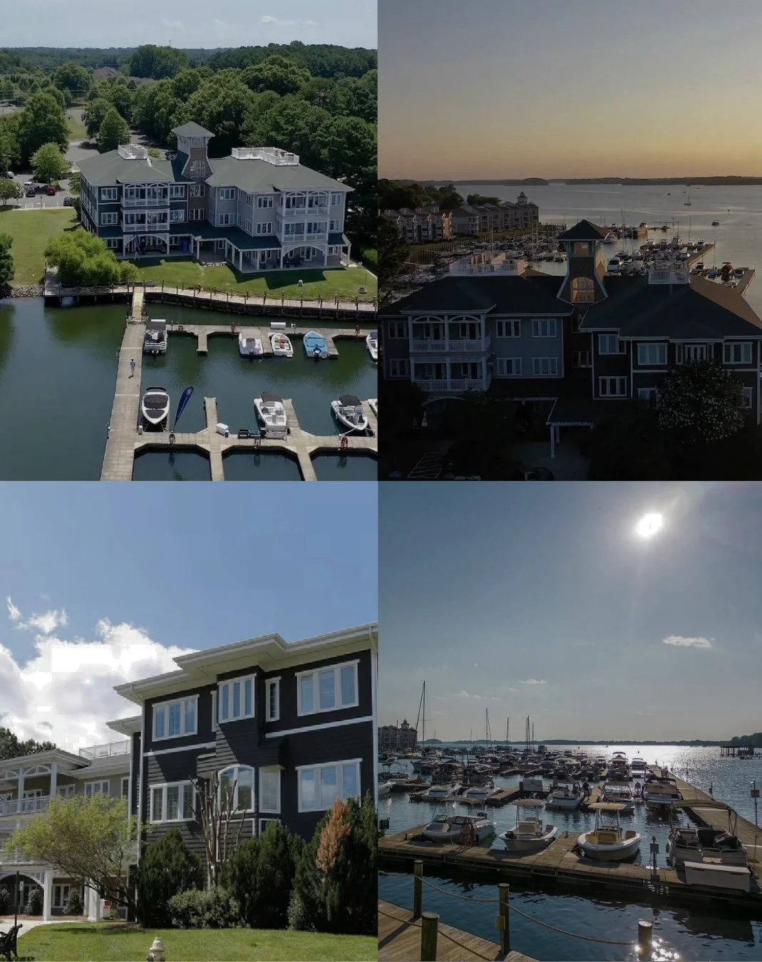 A collage of four images showing waterfront properties and marinas, featuring houses with docks, boats, and a harbor during different times of the day.