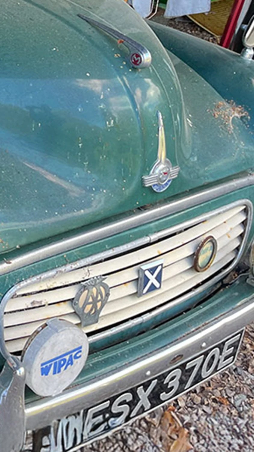 Close-up of the front of an old, green vintage car with a decorative badge on the hood, yellow and black stripes, and a front license plate reading 'MESX 370E'. The car has additional badges and decorations on the grille, including a round 'WIPAC' light.