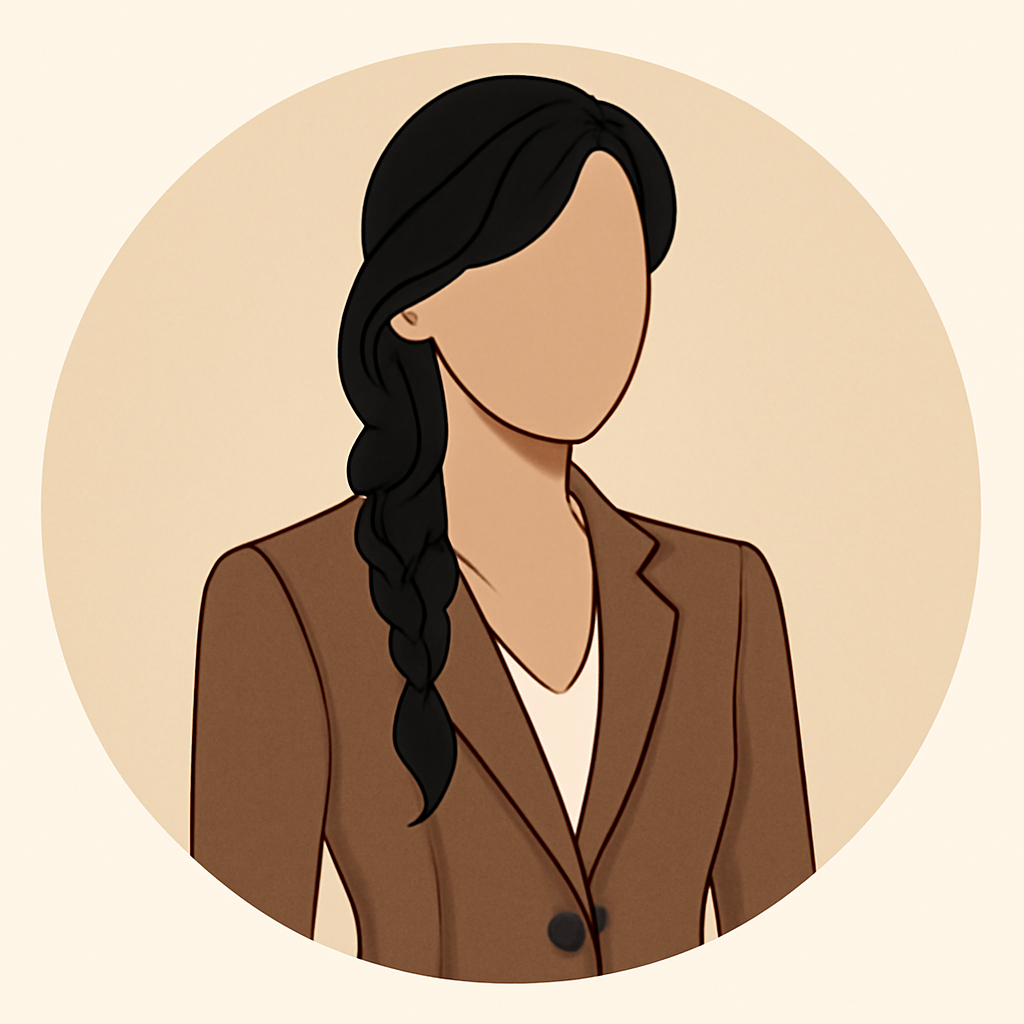 Illustration of a woman with long black hair in a braid, wearing a brown blazer over a white top, with no facial features.
