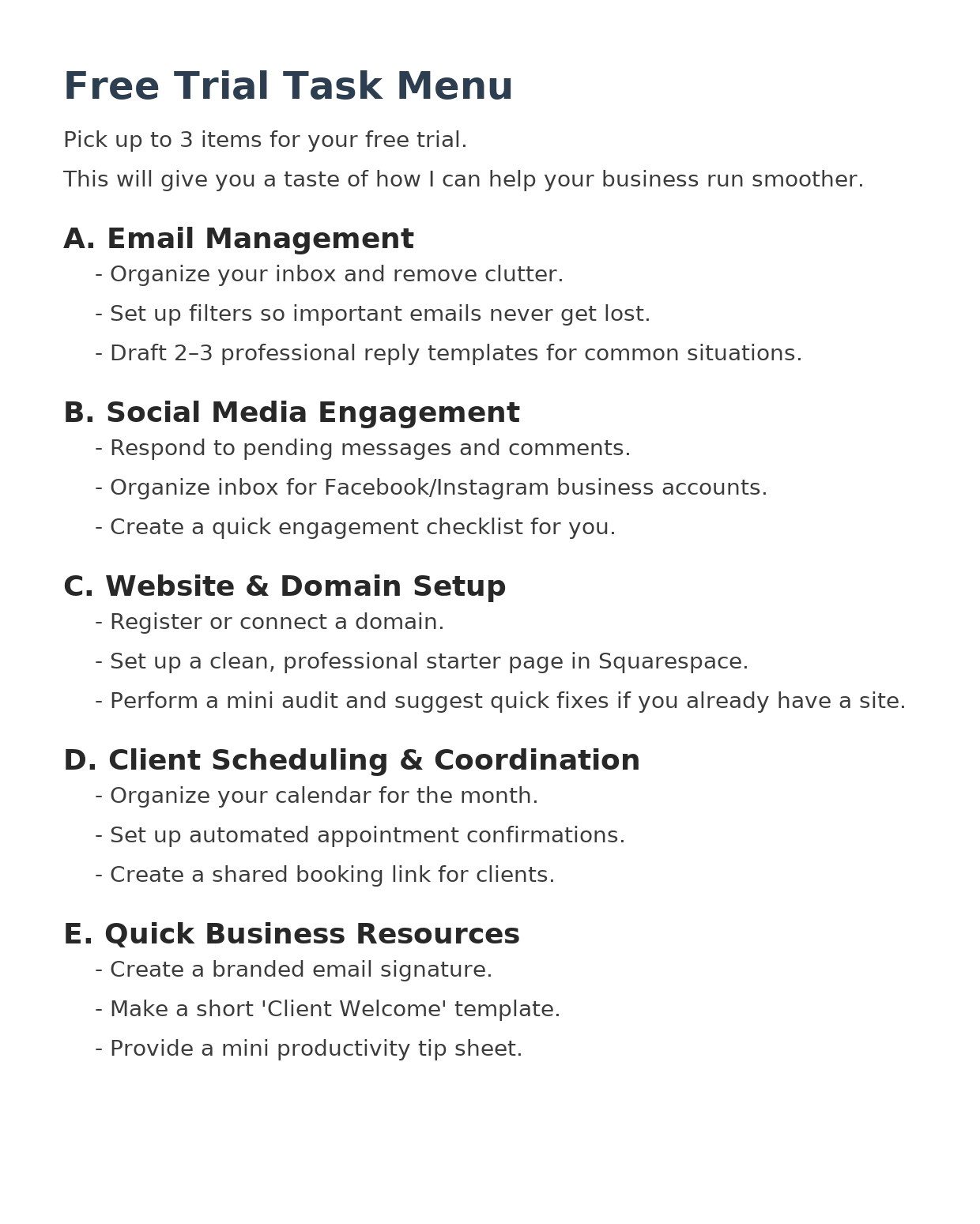 A free trial task menu with five categories, listing tasks for business management, including email, social media, website setup, client scheduling, and quick business resources.