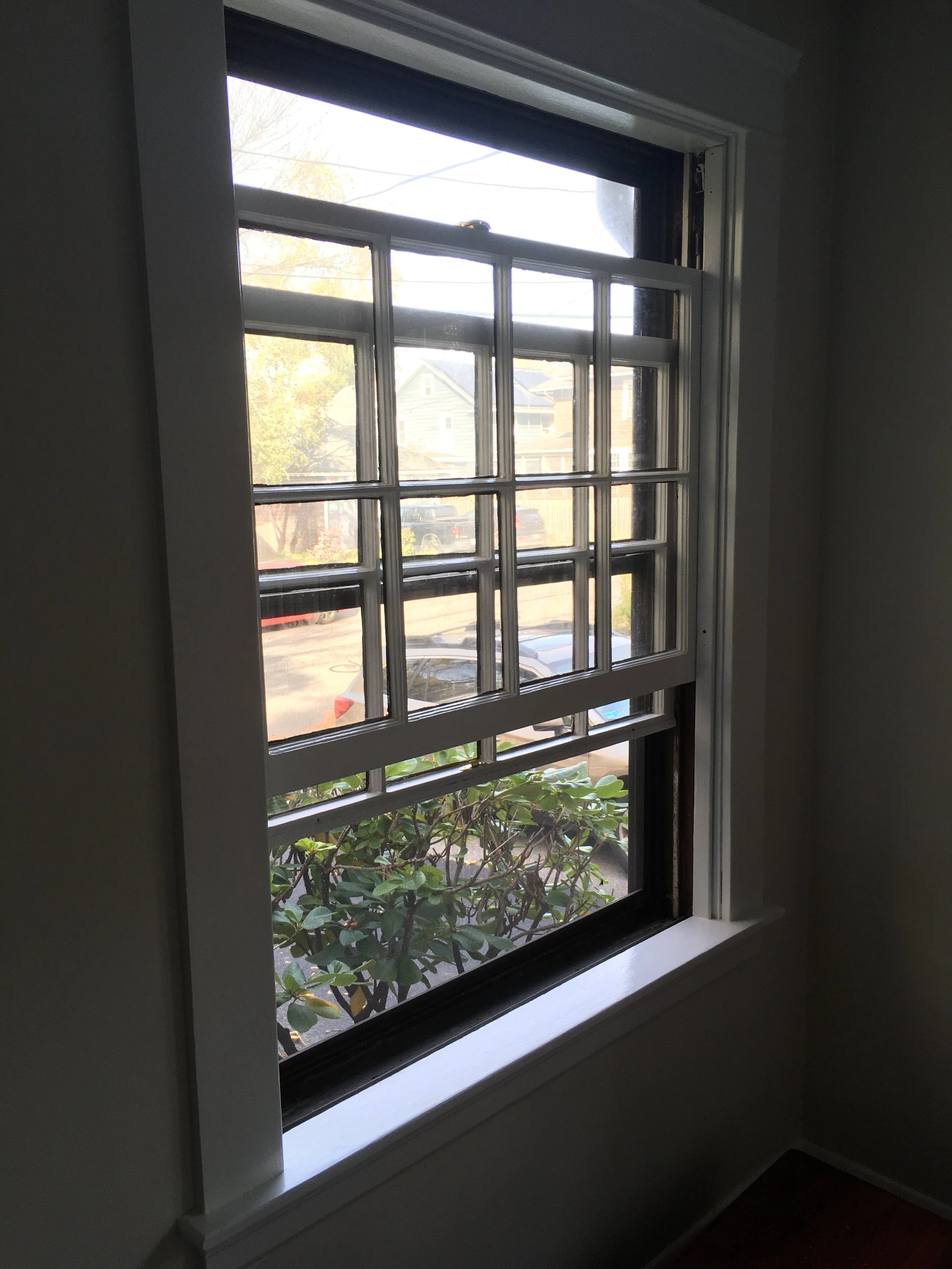 A window with multiple small panes divided by white muntins, showing a view of a residential neighborhood with houses, trees, and parked cars outside.