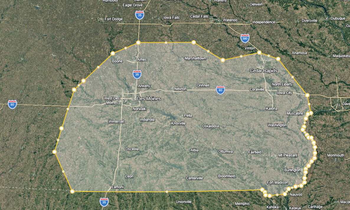 Map showing a route around central Iowa, passing through cities like Des Moines, Boone, Marshalltown, Cedar Rapids, and Iowa City, with highways labeled I-35, I-80, and I-380.