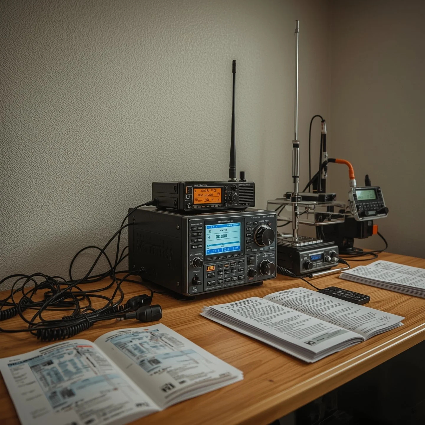 Amateur radio station setup on a wooden table with radio transceiver, antenna, documents, and remote control.