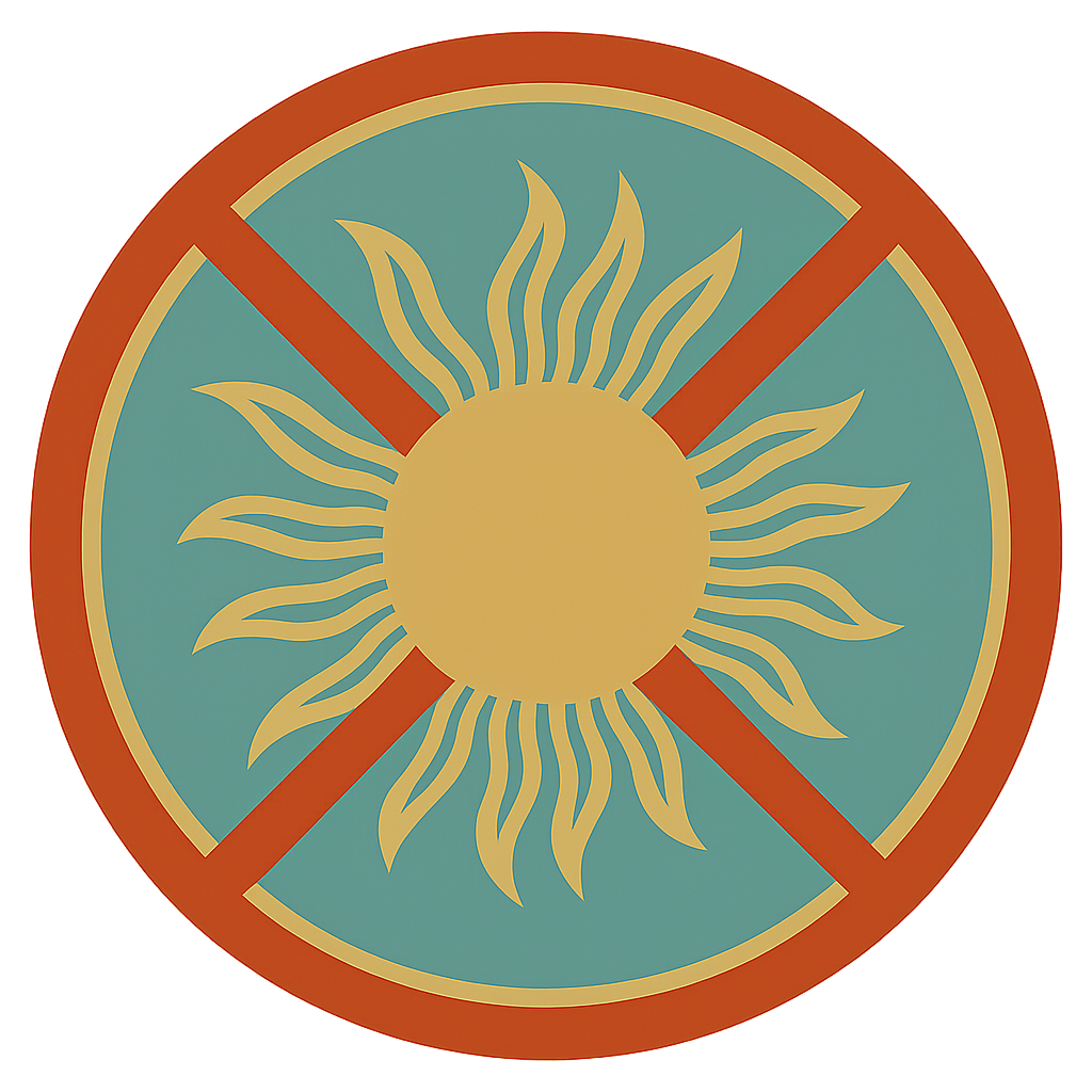 A circular sign with a sun symbol in the center, crossed out with a red diagonal line, indicating no sun or solar energy. PE360 Method