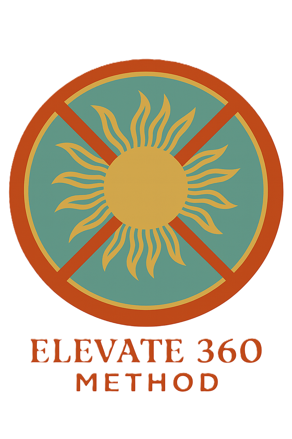 A circular logo with a stylized sun with rays inside it. The circle has a red border and diagonal lines crossing through the sun. Below, the text reads, "ELEVATE 360 METHOD."