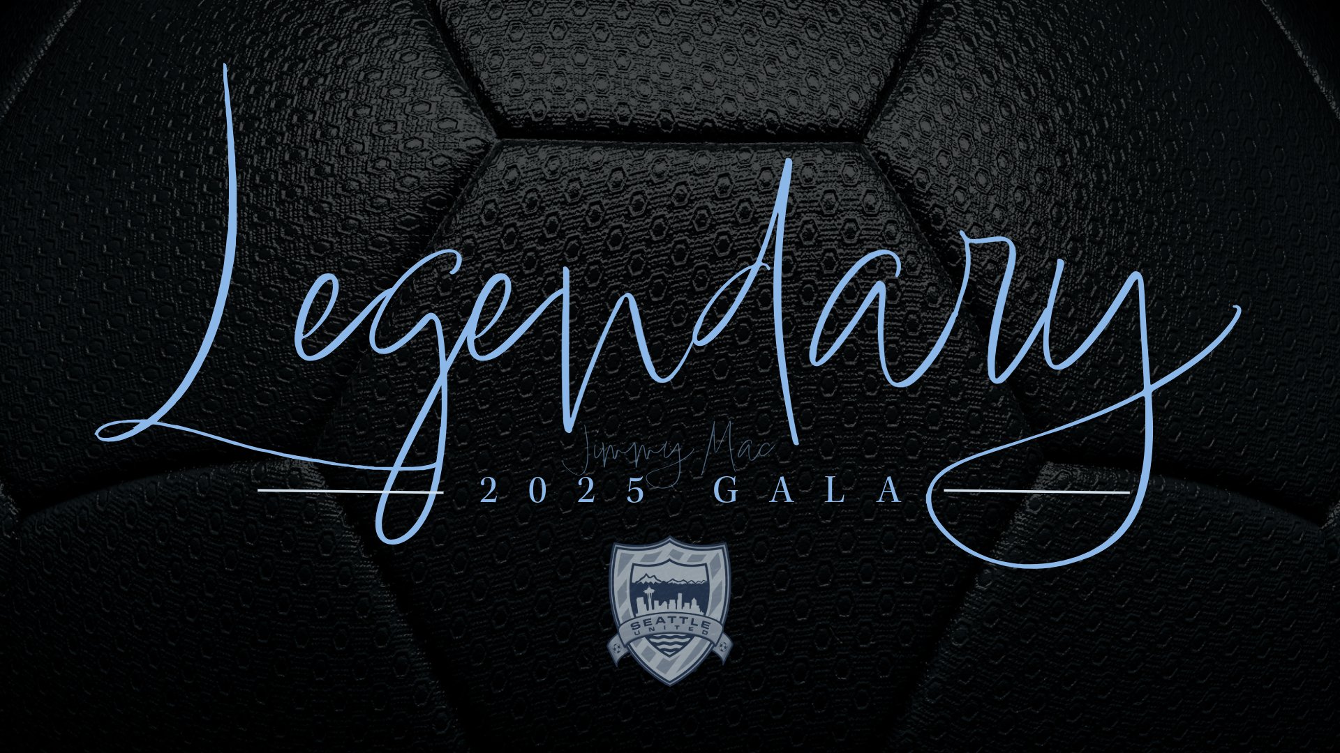 Text overlay on a black textured background reads 'Jaysandaway' in large cursive font, with smaller text 'Jumping Mac' and '2025 Gala'. A shield-shaped logo with a skyline and mountains, featuring the words 'Seattle' and 'State'.