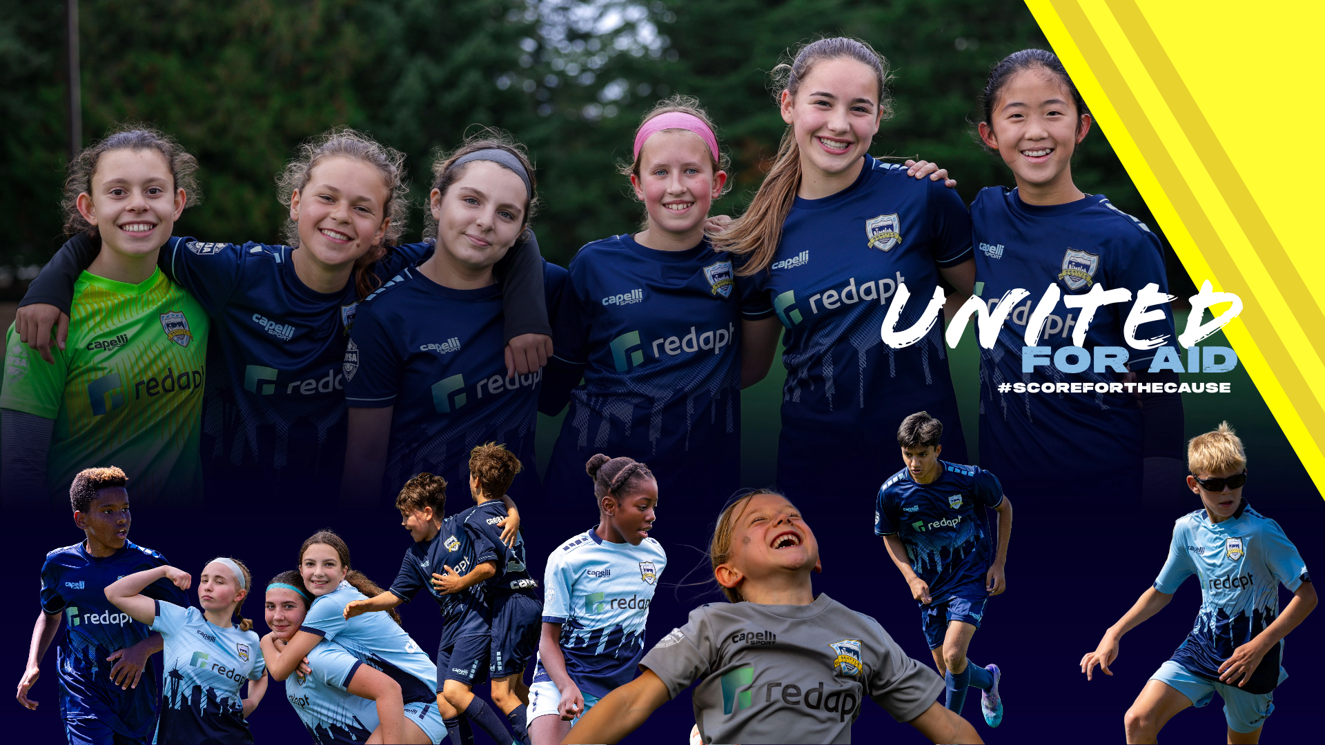 Group of young female soccer players posing together, some celebrating and others running or smiling, wearing blue and white uniforms with the 'redapt' logo, on a green field with Trees background. Promotional text: 'Write for Aid' and hashtag '#ScoreForTheCause'.