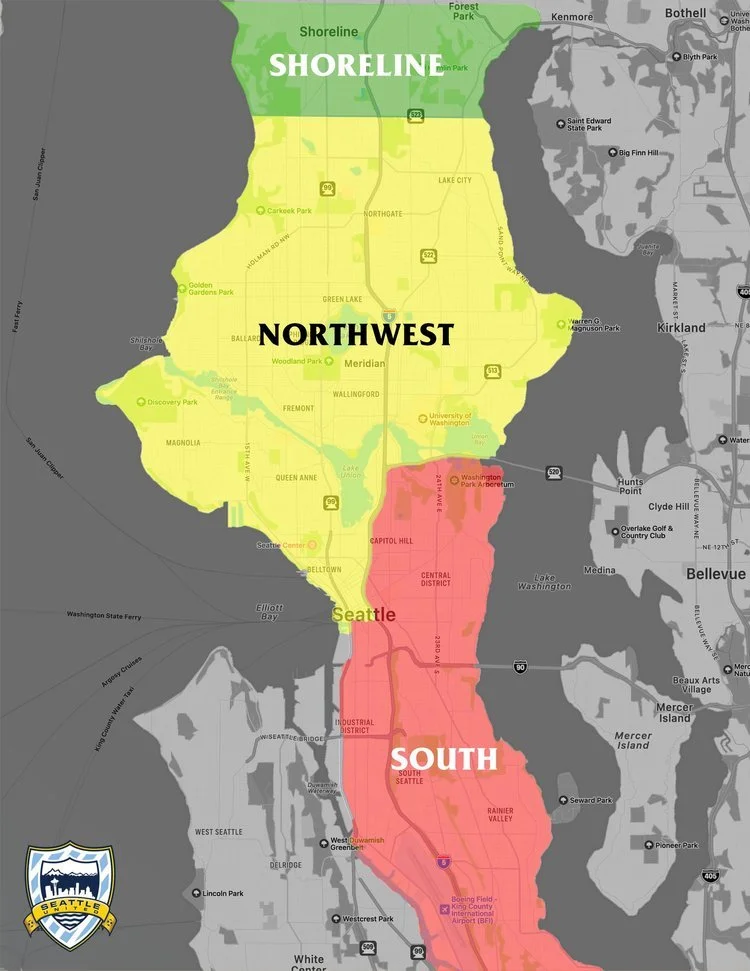 Map of Seattle divided into three regions: green labeled 'Shoreline' in the north, yellow labeled 'Northwest' in the central area, and red labeled 'South' in the southern part, with notable neighborhoods and landmarks marked.