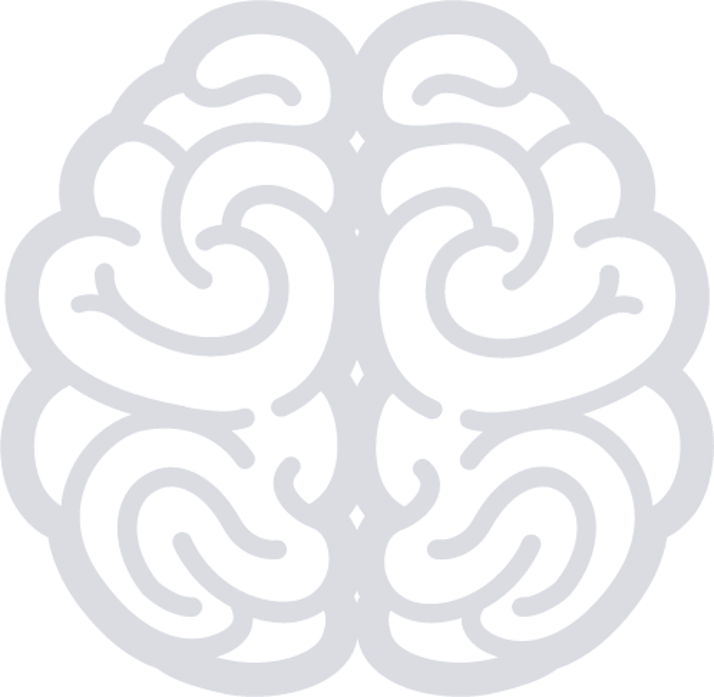 A stylized, symmetrical illustration of a human brain in light gray outline on a black background.