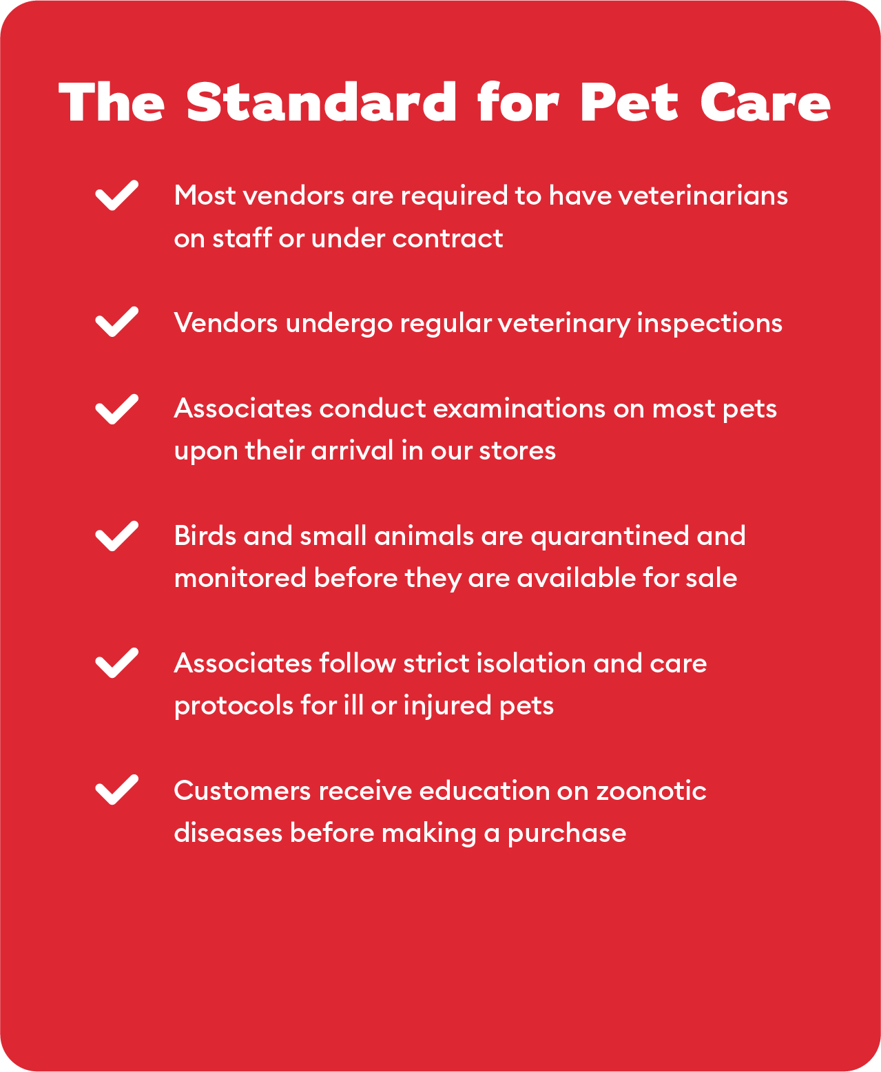 Red Box with The Standard for Pet Care. Lists PetSmart's requirements regarding Pet Care.