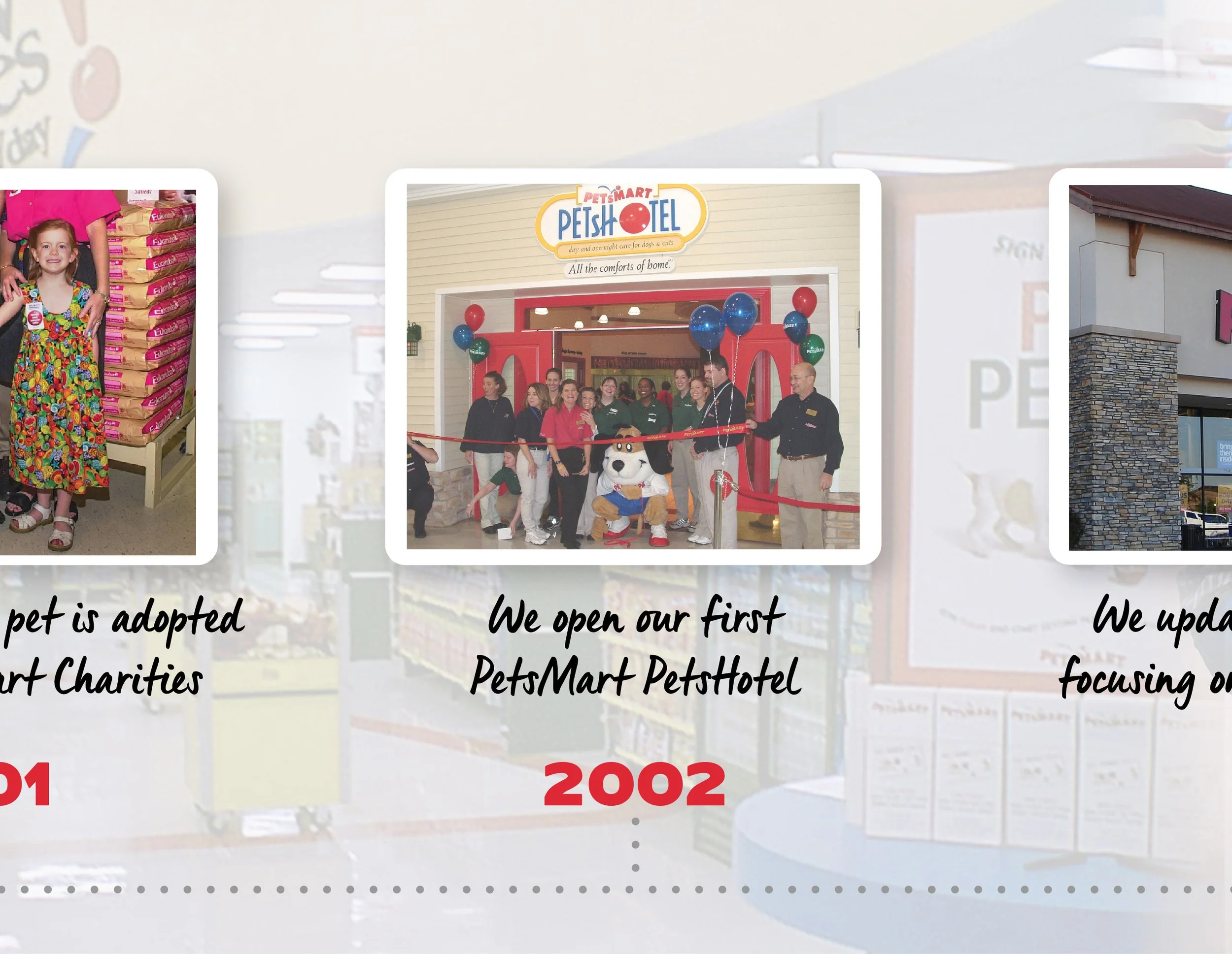 Group of people attending the grand opening of PetsMart PetHotel, standing in front of a store entrance with red and blue balloons, and a person in a pet mascot costume.