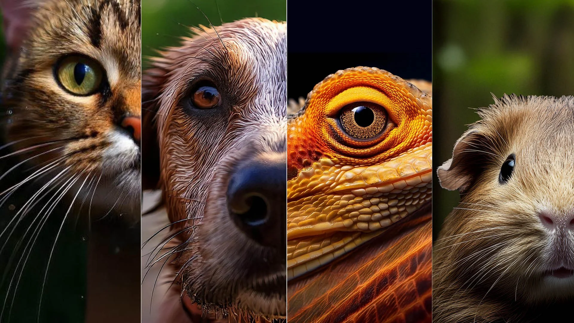 Pet Image collage focused half of their face with emphasis on the eye. Cat, Dog, Bearded Dragon and Guinea pig