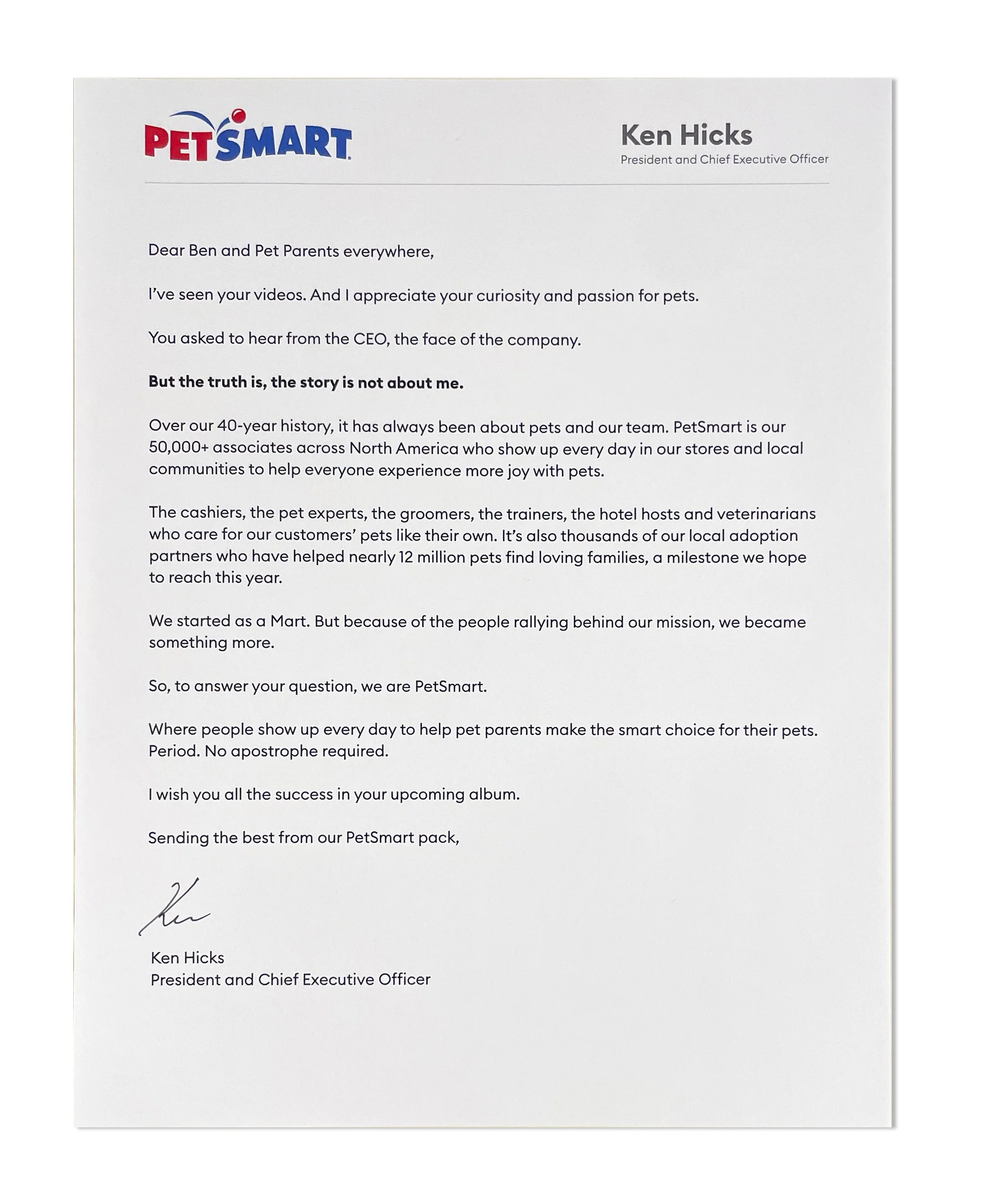 Letter from PetSmart CEO Ken Hicks discussing the company's history and mission.